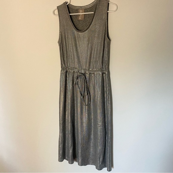 Dolan Anthropologie Silver Metallic Midi Dress Drawstring Waist, Ribbed Sz S - Picture 5 of 15